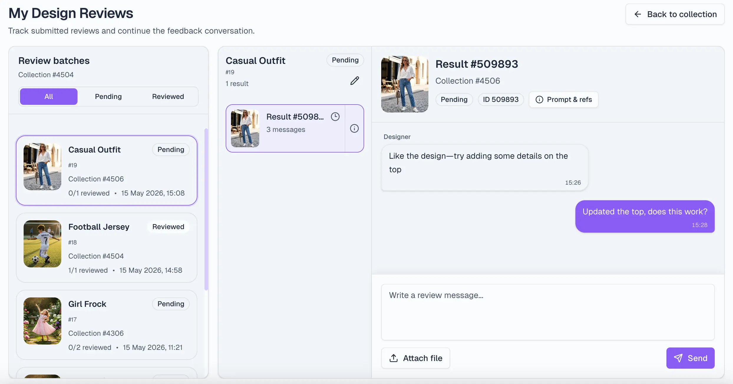 My Design Reviews workspace showing batches, filters, and designer chat