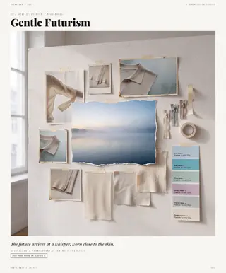 Gentle Futurism mood board — The New Lightness, SS28 men's knitwear trend direction