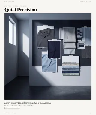 Quiet Precision mood board — The New Lightness, SS28 men's knitwear trend direction