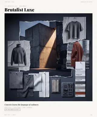 Brutalist Luxe mood board — New Performance, SS28 men's knitwear trend direction