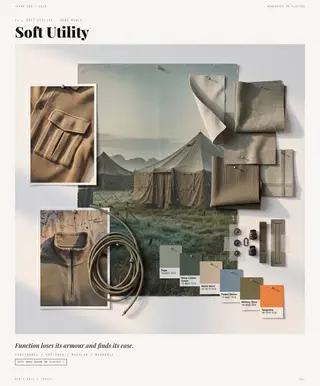 Soft Utility mood board — New Performance, SS28 men's knitwear trend direction