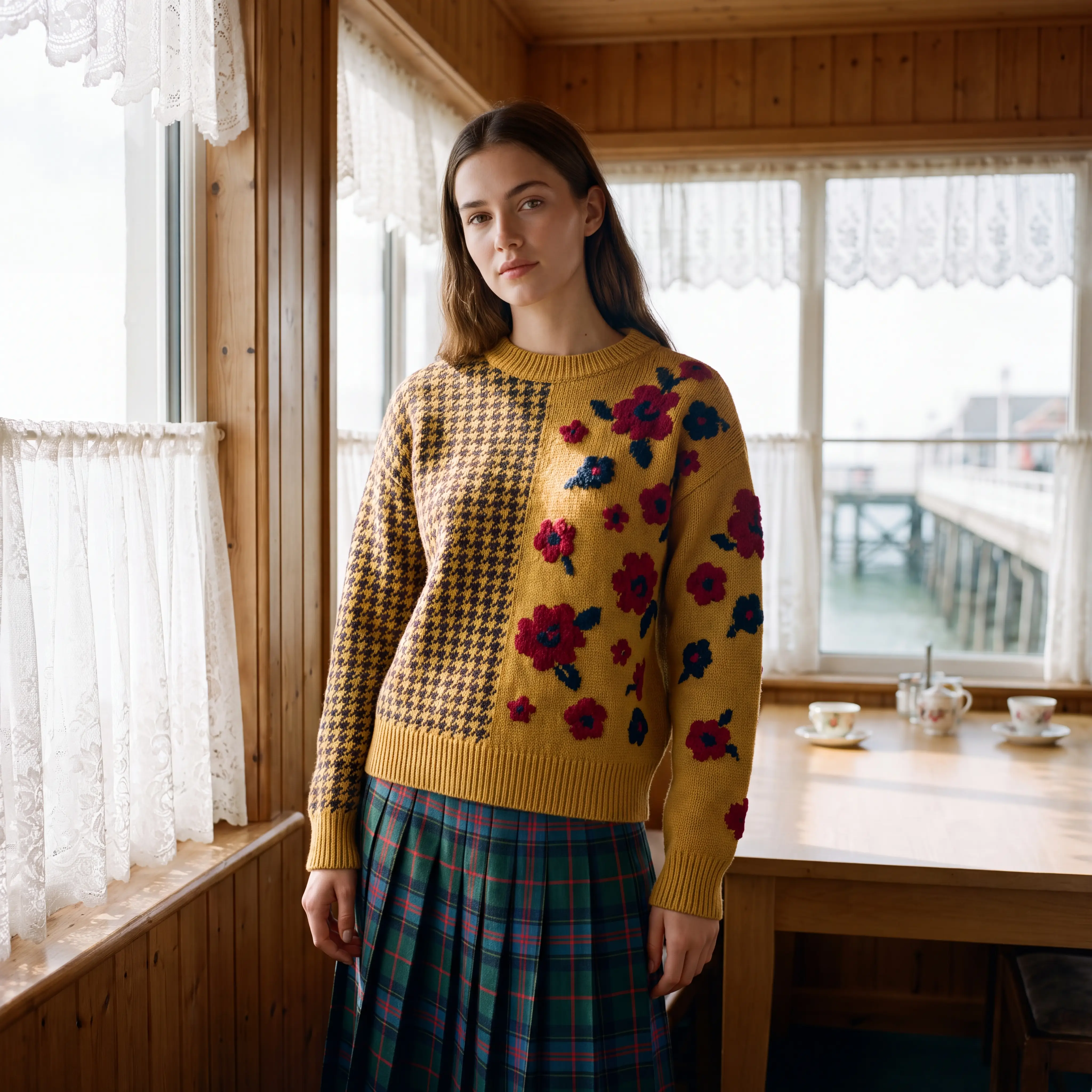 Houndstooth Floral Crew