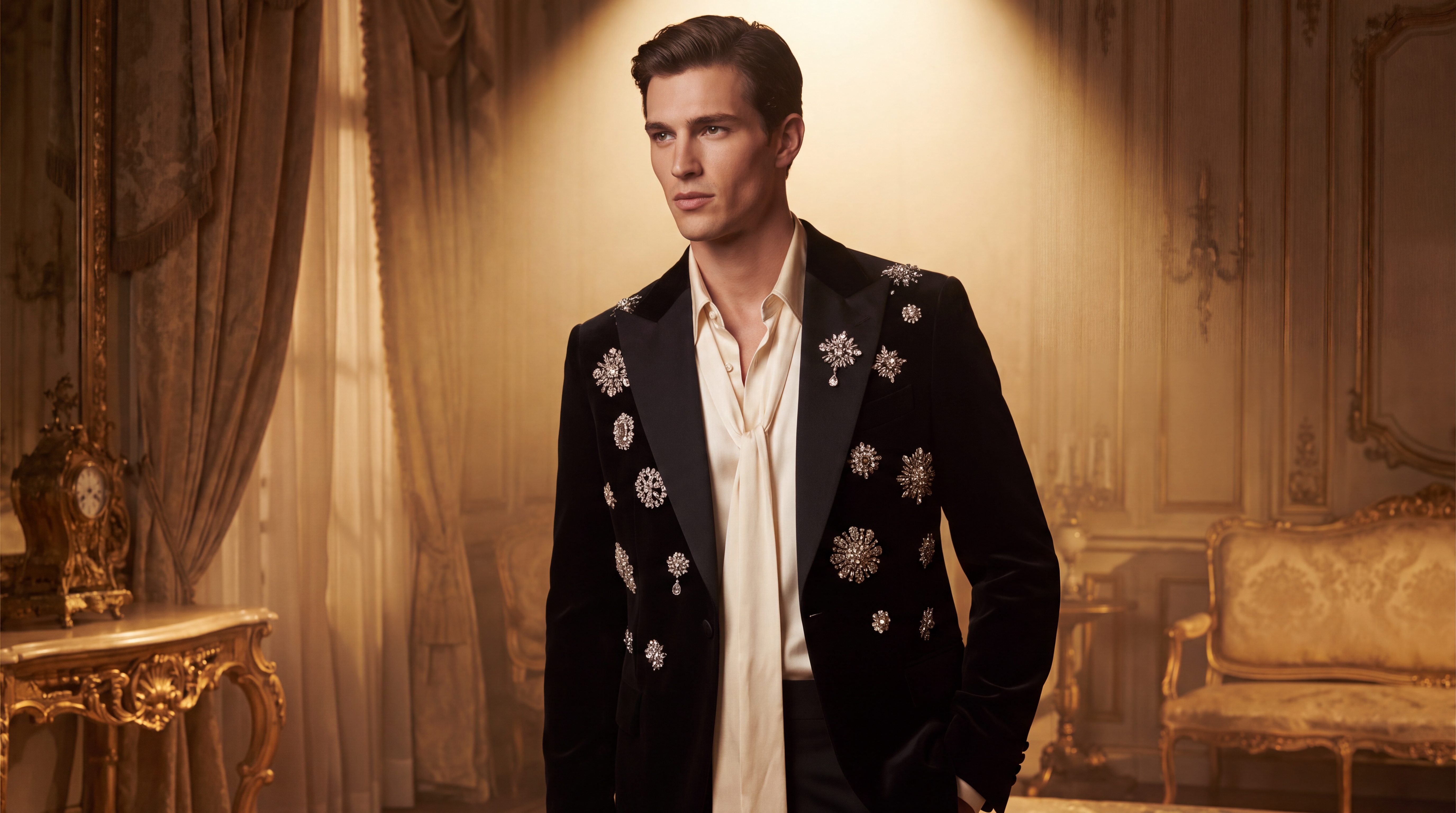 BROOCH-COVERED EVENING JACKET