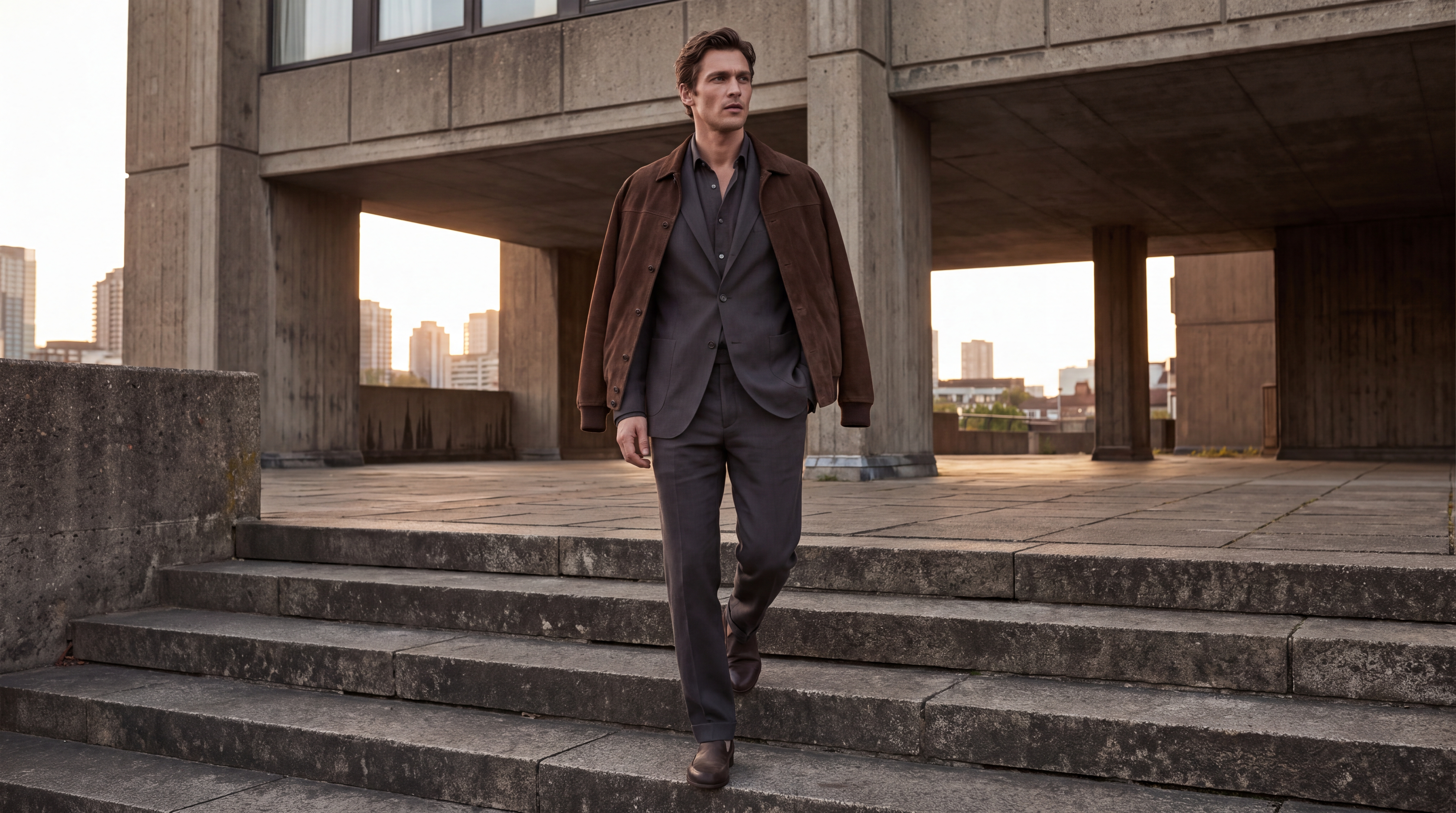 DRAPED SUEDE & LINEN SUIT